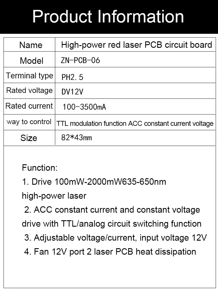 PCB driver laser rosso ad alta potenza 12V 635-650nm, modulazione TTL/analogica, tensione corrente costante ACC