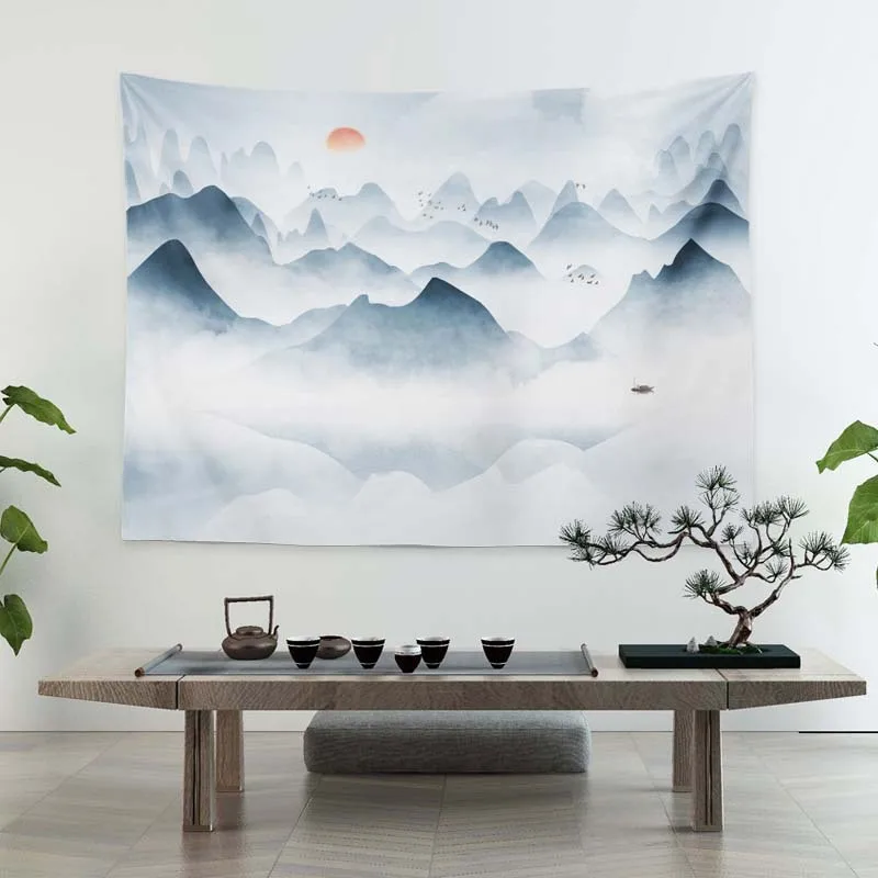 

Tapestry New Chinese Landscape Scenery Hanging Cloth Sofa Background Wall Art Painting Large Dormitory Renovation Decorative