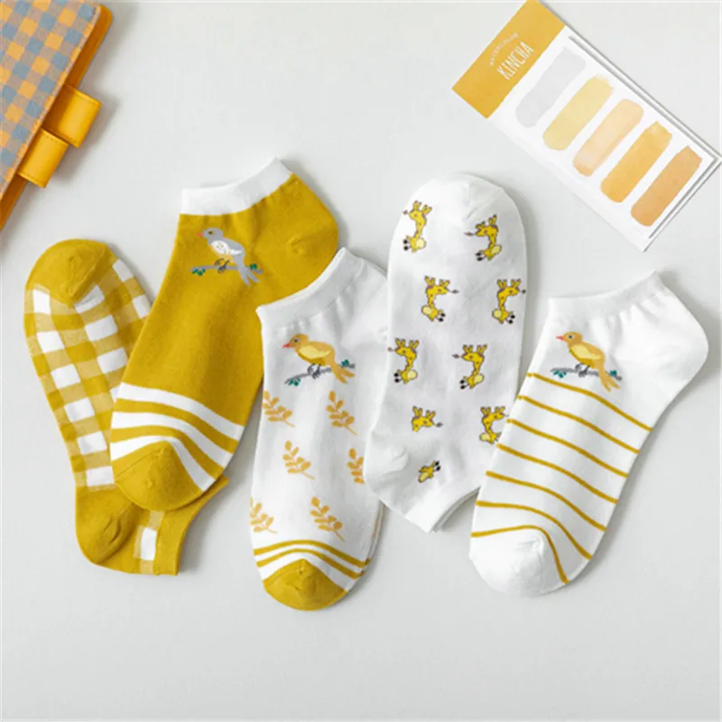 

5 Pairs Women Socks Print Cartoon Bird Giraffe Harajuku Street Style Cotton Short Socks Female Casual Funny Ankle Socks Sox