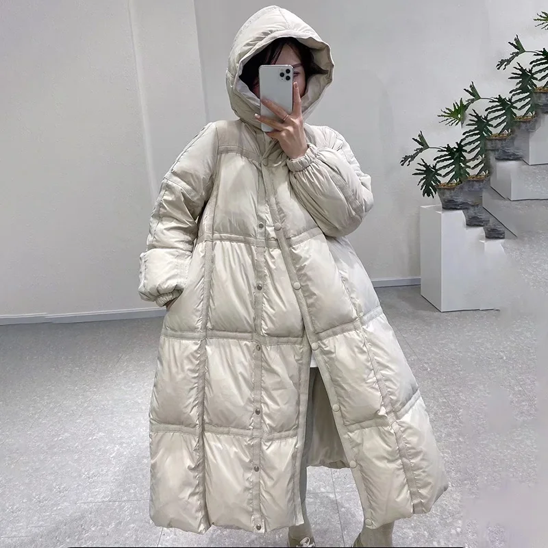 90 White Duck Down Coat Women\'s 2022 Winter New Loose Warm Overcoat Female Hooded Down Jacket Long Fashion Oversize Down Outwear