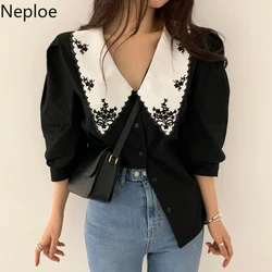 Neploe Blusas Mujer De Moda 2023 Floral Embroidery Elegant White Shirts Vintage Puff Sleeve Blouse Korean Clothes Women Tops