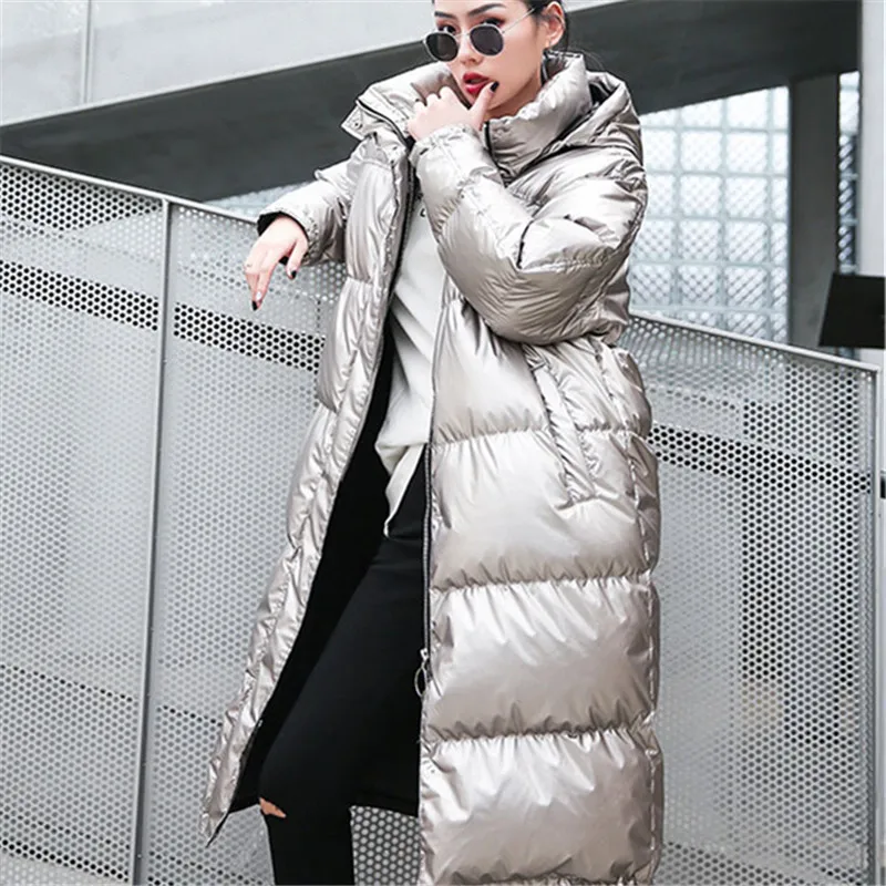 Korean Winter Long Down Cotton Jacket Women Fashion Glossy Silver Hooded Coat 2020 Plus size Loose Thin Warm Parkas Mujer Female