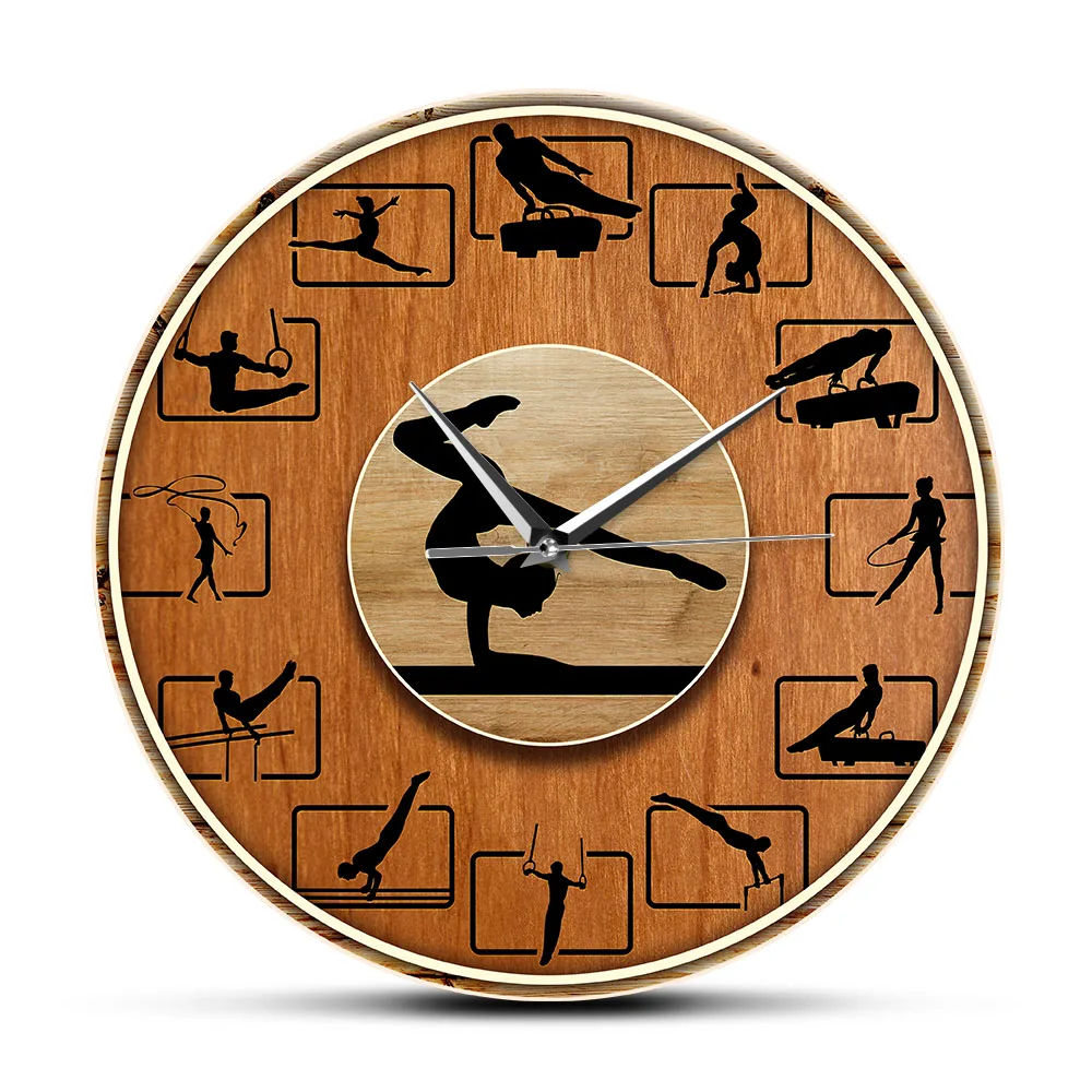 Ginnastica Orologio Da Parete Stampato Con Venature Del Legno Ginnasta Ragazza Camera Sport Art Decor Orologio Silenzioso Orologio Da Parete Sospeso Regalo Della Squadra Di Ginnastica