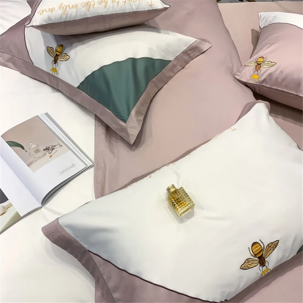 Patchwork Colorful Embroidery Bee Crown Design Cotton Cushion Pillowcase Cover 1Pair Luxury Home Bedding Decorative Shames Cover