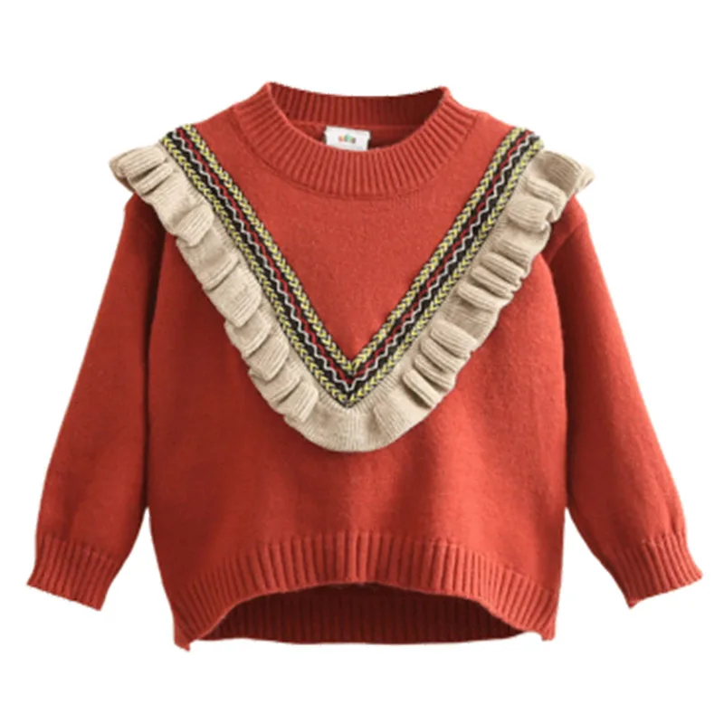 Autumn Winter Spring 2 3 4 6 8 10 12 Years Children O-Neck Knitted Pullover Cotton Ruffles Patchwork Kids Baby Girl Sweater