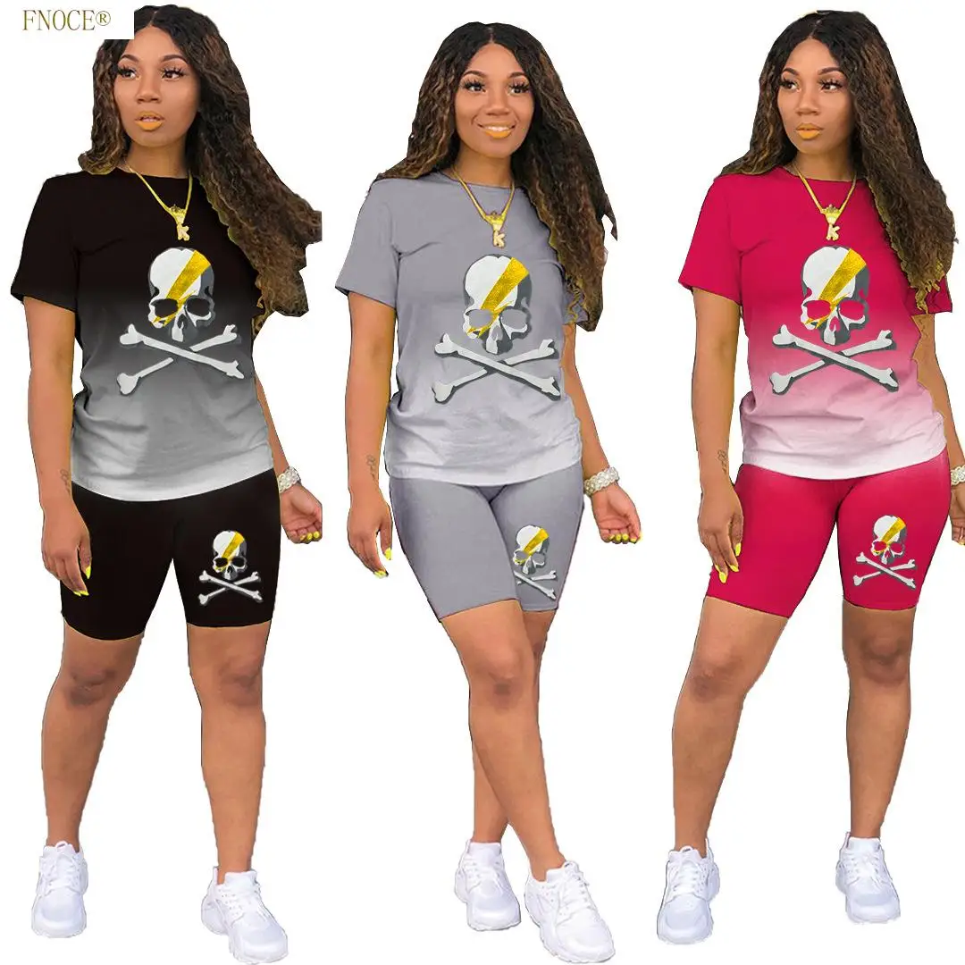 FNOCE Trade Women's fashion Casual Gradient Color Positioning Printing Loose T-shirt Shorts Sports Suit