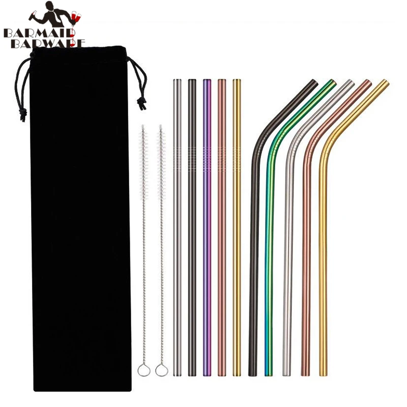 

8pcs Straws + 2pcs Brushs Metal Drinking Straw Stainless Steel Reusable Straws For Beer Fruit Juice Drink