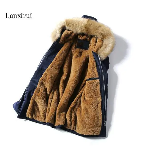 Lanxirui Winter Jacket Coats Men New Fashion Casual Hooded Fur collar Long coat Mens thick warm Horn Button jacket Coats Man