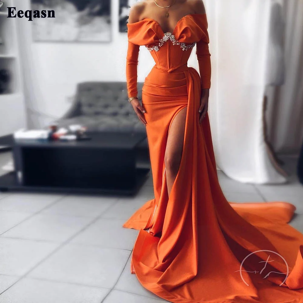 Eeqasn-Vestidos de Noche de sirena de manga larga para mujer, ropa de satén con hombros descubiertos, de encaje, de 2 piezas, color naranja, Formal, para fiesta