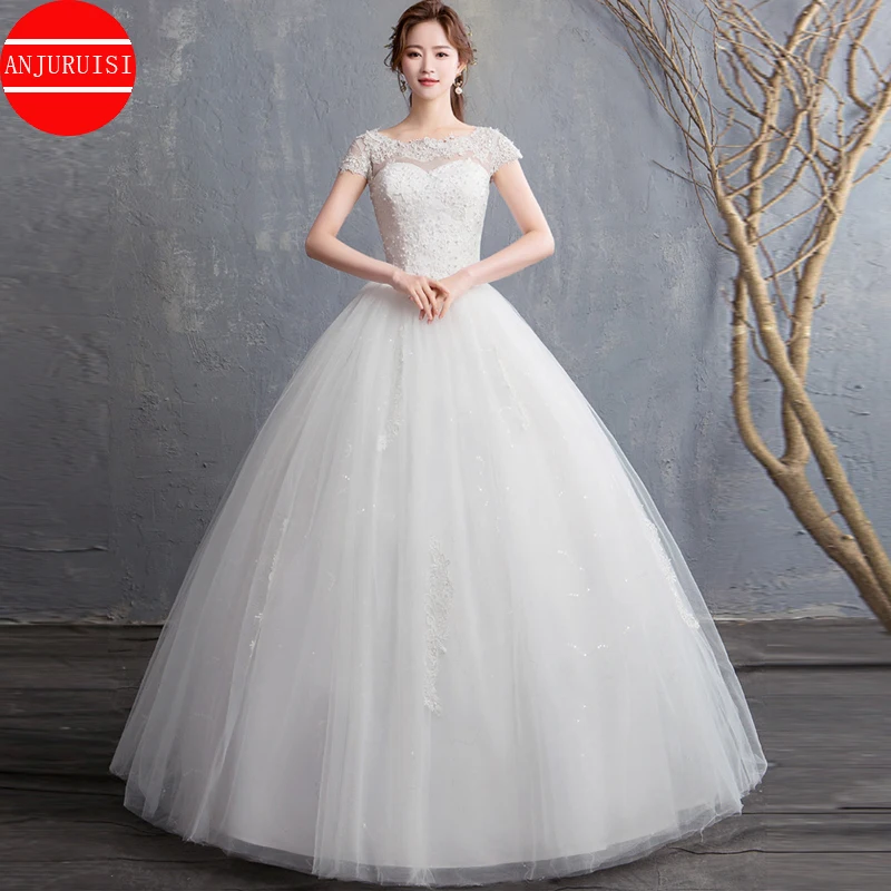 

Short Sleeve Wedding Dress 2021 Vestidos De Novia Lace Applique Pearl Beaded Floor Length Bride Ball Gown Robe Mariage Trouwjurk