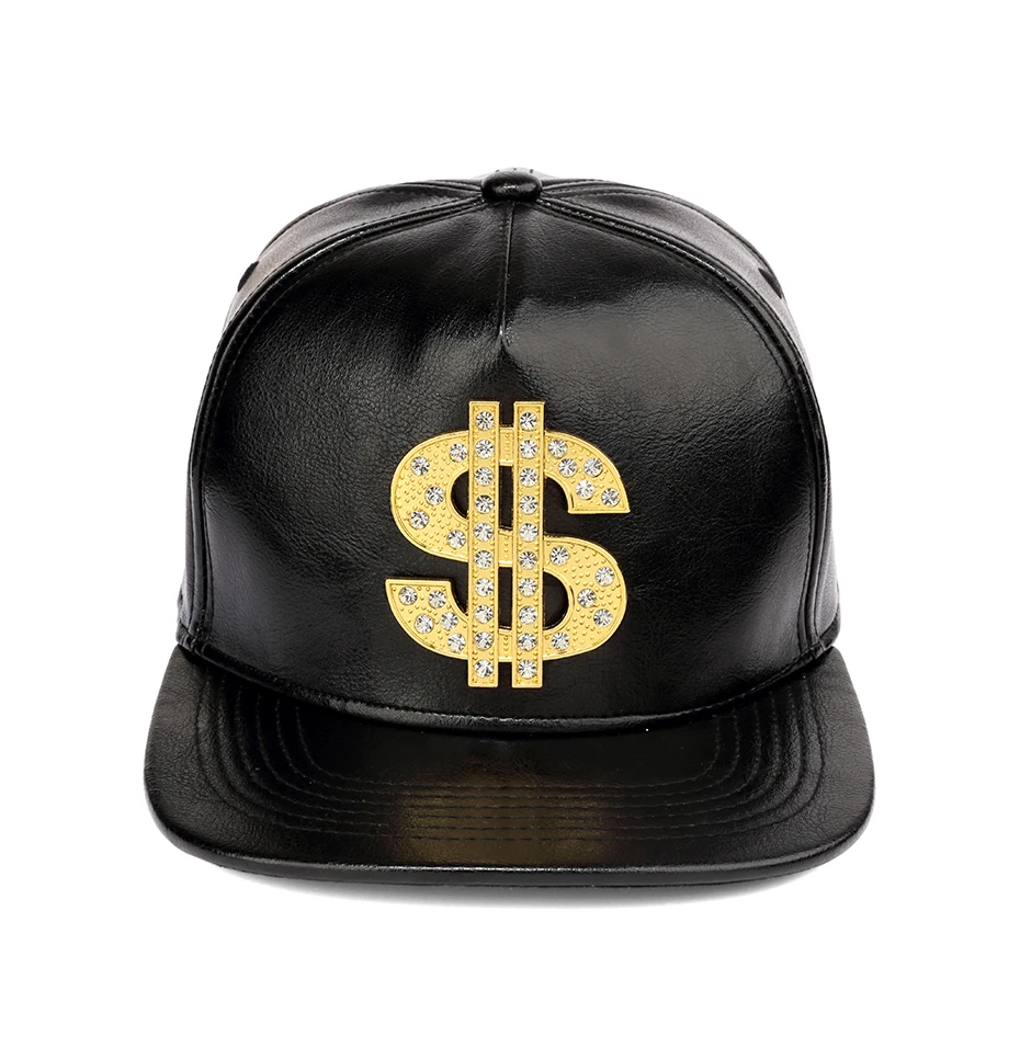 

Metal 3D Golden US Dollar Baseball Cap PU Leather Graffiti Hats Adjustable Fashion Hip Hop Flat Baseball Cap Snapback Black