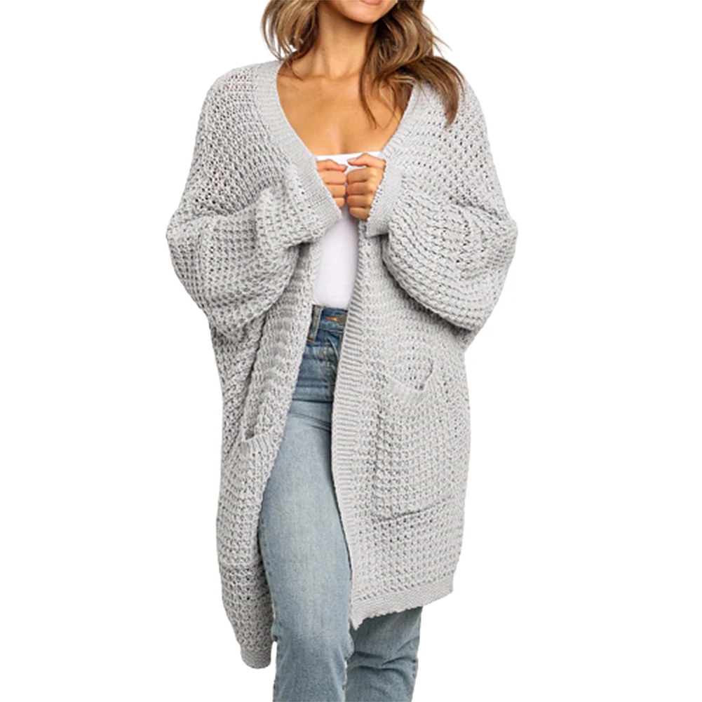 Solid Color Women Knitted Sweater Cardigan Loose Large Size Pocket Open Front Sweater Coat woman sweaters