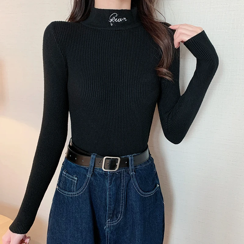 2024 Autumn Winter Women Embroidery Sweater Knitted Elasticity Casual Jumper Fashion Slim Turtleneck Warm Female Pullovers