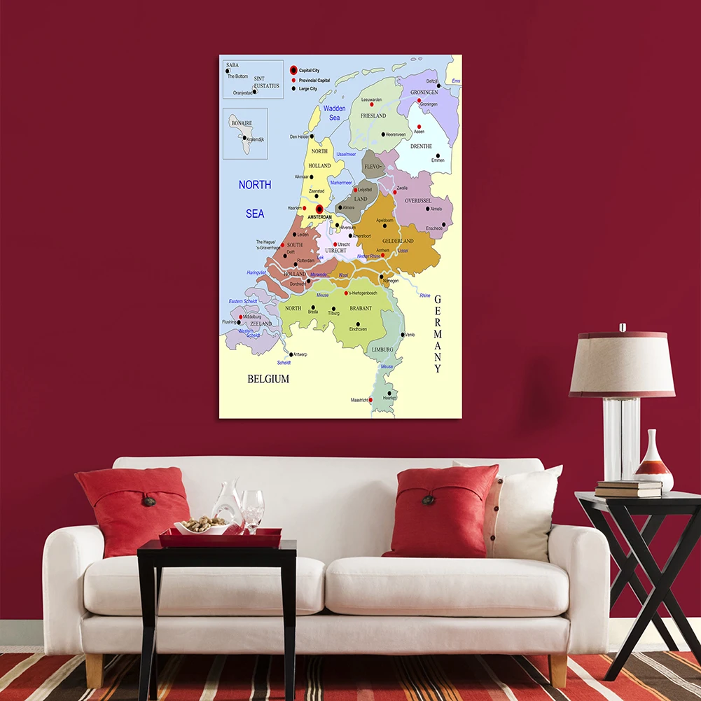 Die Niederlande Politische Karte In Dutch 100*150cm Nicht-woven Leinwand Malerei Große Poster Wand Dekoration schule Liefert