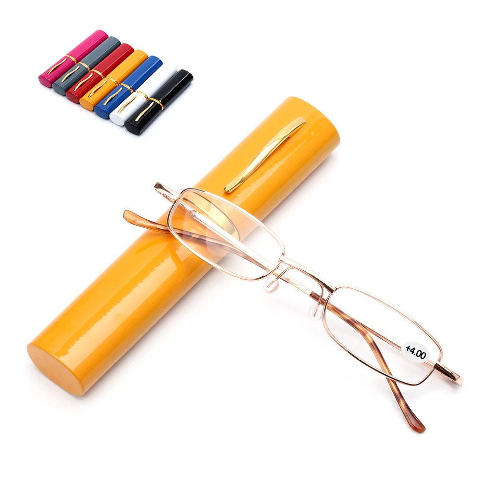 Unisex Reading Glasses with Pen Tube Case Portable Presbyopic Glasses Metal Case Spring Hinge Eyeglasses Vision Care +1.00~+4.00