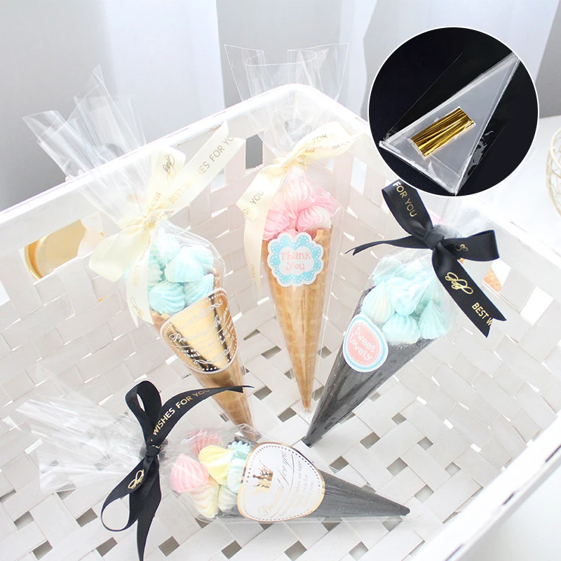 50pcs/Lot DIY Candy Bag Wedding Favors Birthday Party Decoration Sweet Cellophane Transparent Cone Storage with Organza Pouches