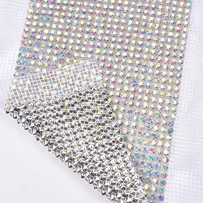 1 Yards 24 Rows Glass Rhinestone Mesh Fabric Silver Base Crystal Sew on Strass Trim Ribbon Diy Bags Shoes Clothes Accessories