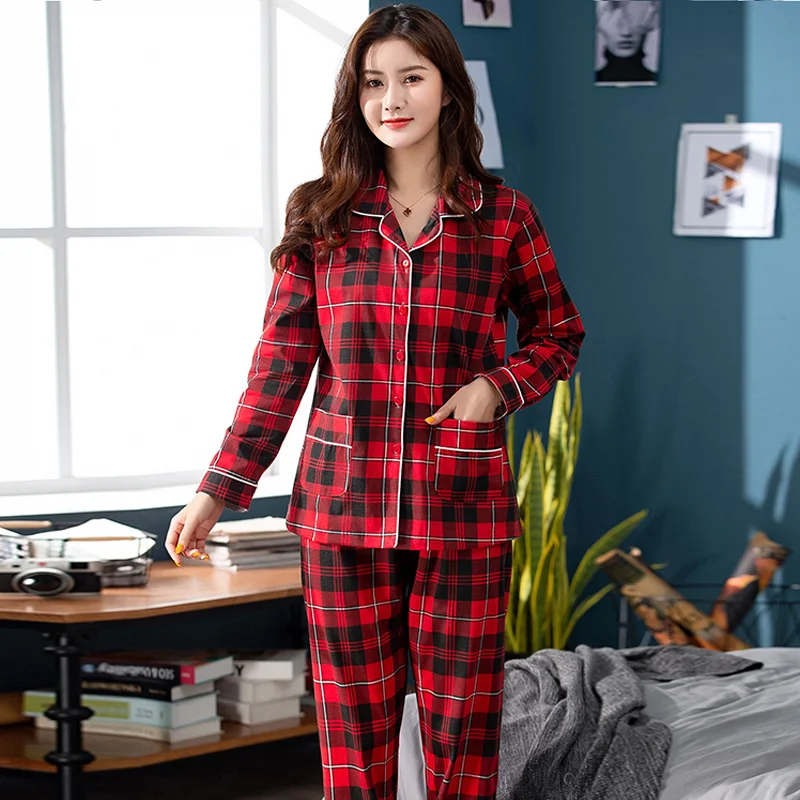 Women Plaid Nightwear Suit Autumn Festive Red Long Sleeve Princess Pajamas Casual Cardigan Homewear Big Yards M-3XL Pijama Mujer