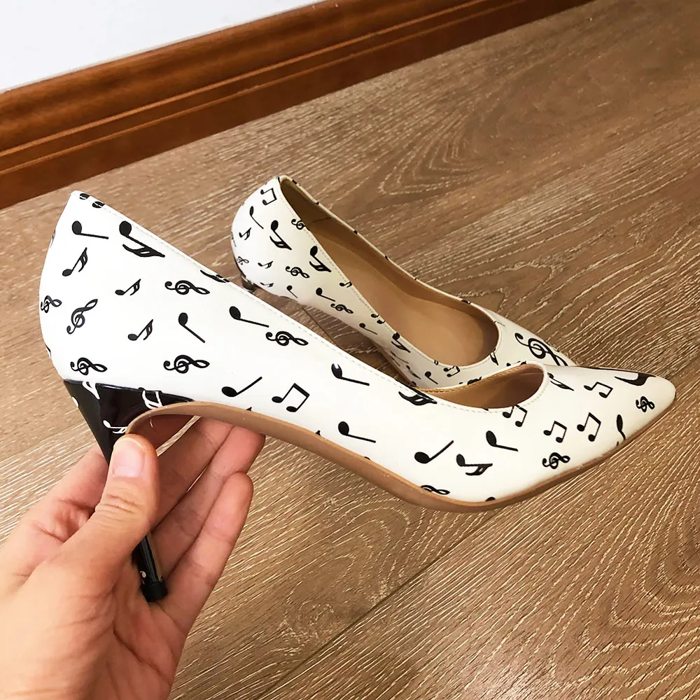 Veowalk Music Symbols Printed Women Stiletto High Heels Slip On Pointy Toe Patent Leather Pumps Cute Ladies Formal Dress Shoes