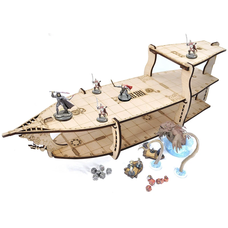 D&D Miniatures Action Figure Wood Display Stand - Large 3-Level Brigantine Ship Bundle for Tabletop RPG