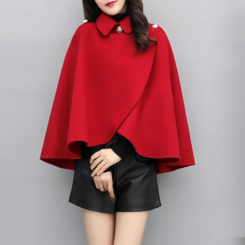 

Autumn Winter Women Cloth Shawl Cape Poncho Wool Coats Short Outerwear Cloak Wool Tweed Elegant Loose Coat