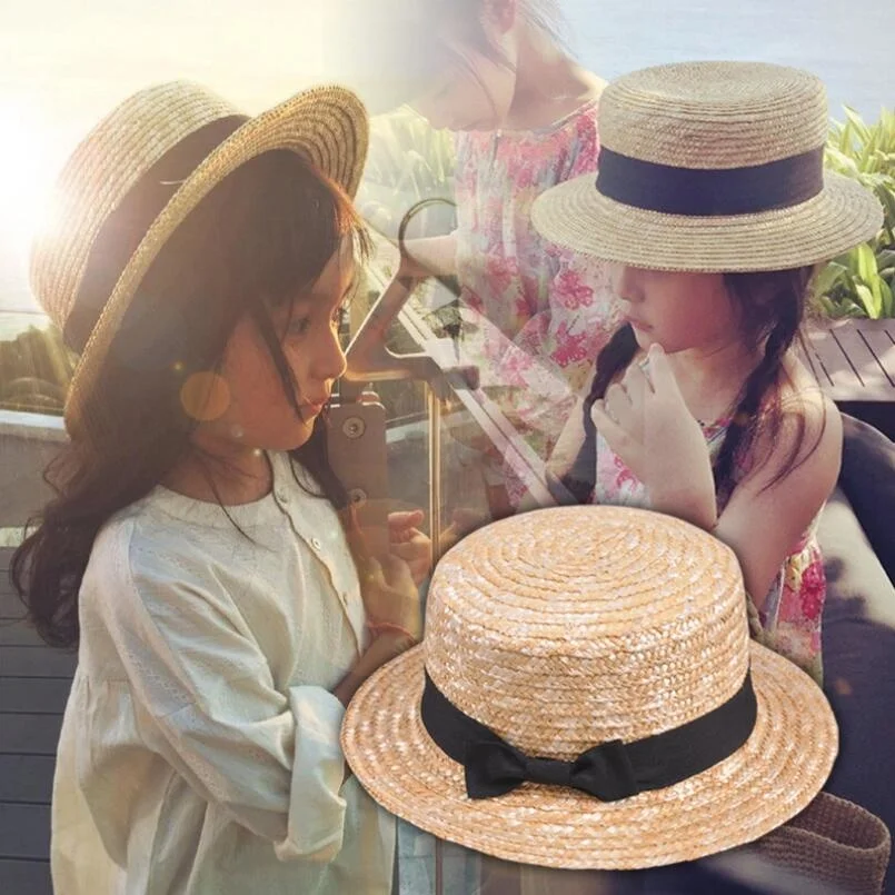 Cute Child Girls Straw hat Bowknot Sun Hat Kids Large Brim Beach Summer Boater Beach Ribbon Round Flat Top fedora hat 54CM