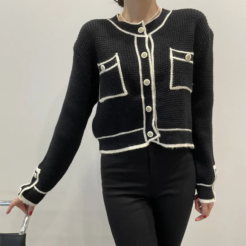 New Autumn Winter Korean Fashion Cardigan Women Knitted Runway Designers O-neck Long Sleeve Pockets Patchwork Tops Female Retro