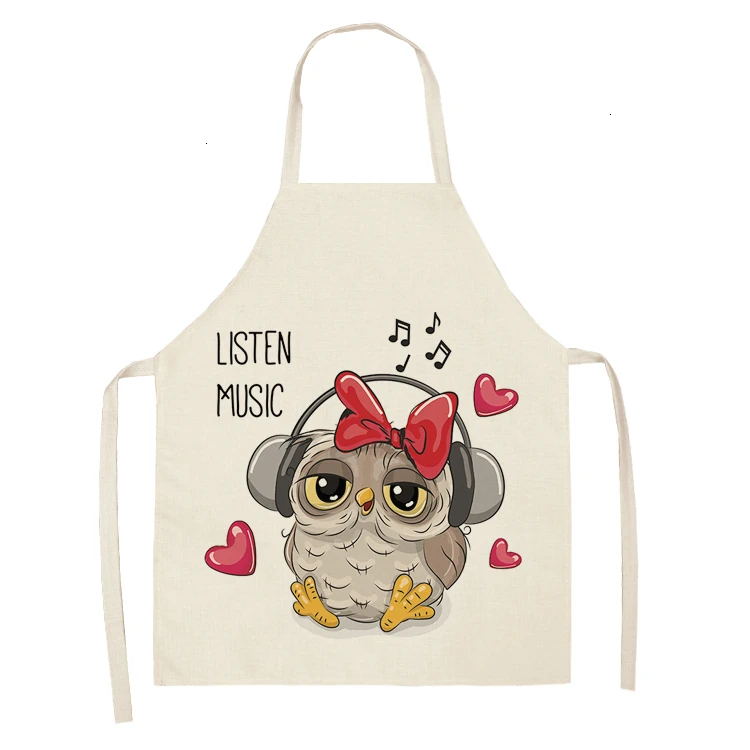 New Owl Flower Cartoon Pattern Printed Cotton and Linen Female Apron Household Daily Kitchen Cooking and Baking Oil-proof Bib