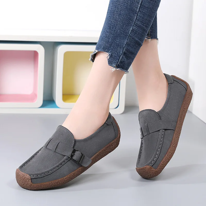 WOIZGIC Women Mother Female Lady Cow Suede Genuine Leather Shoes Flats Loafers Slip On Spring Moccasins Plus Size 43 42