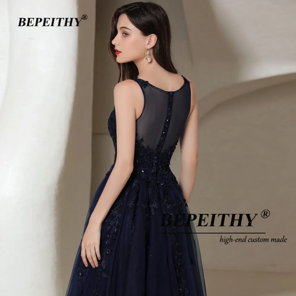 BEPEITHY Customized Navy Blue Long Evening Dresses For Women 2023 V Neck Sleeveless Prom Dress For Womens Elegant Luxury Gowns