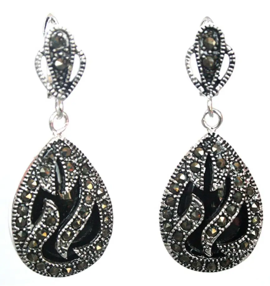 

Hot Sell 11/2" late trend 925 Silver & Marcasite inlay black Natural jade Waterdrop Earrings