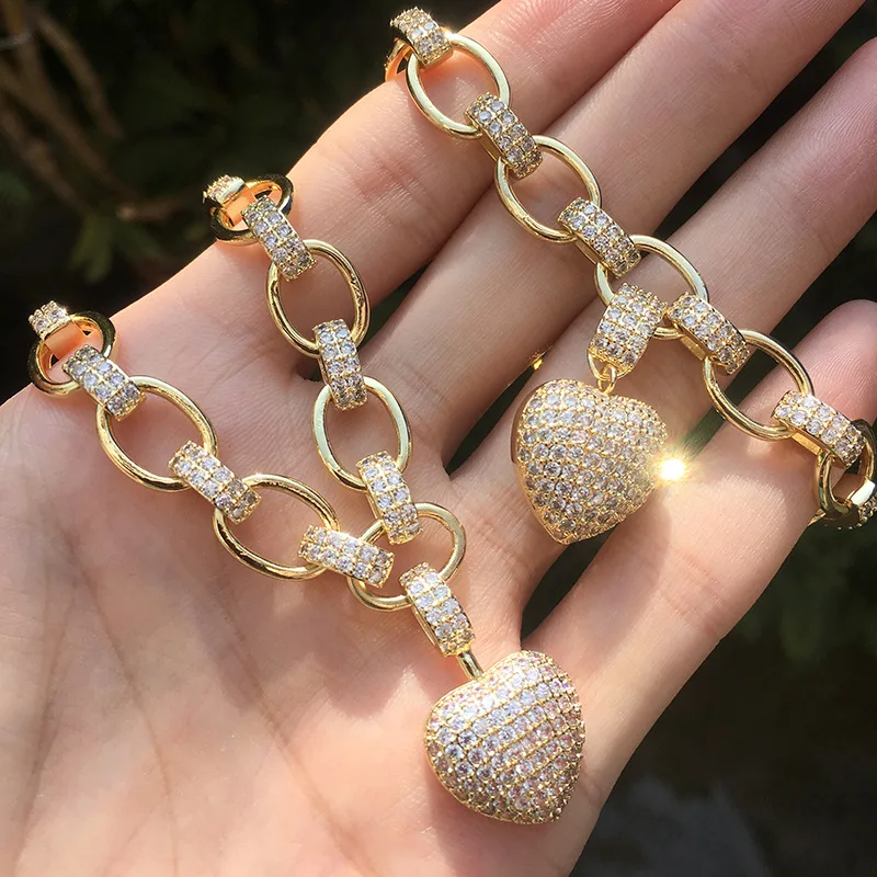

A Pairs Bling Micro Pave Disco CZ Lovers Heart Charm Pendant Necklace Bracelet For Women Men Luxury Jewelry Sets Couple Gift