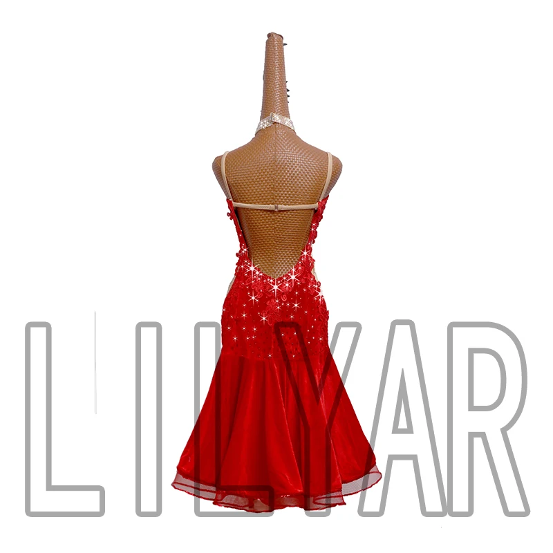 New Latin Dance Competition Performance  Adult Red Backless Red Embroidered Dance Dress