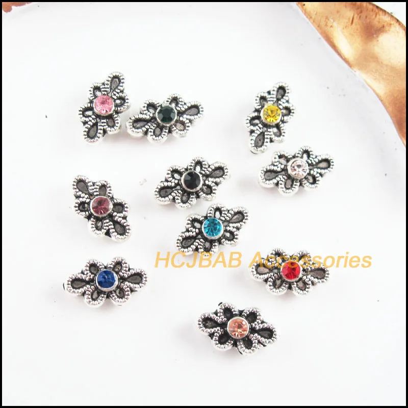 

30New Flower Charms Tibetan Silver Tone Retro Mixed Crystal Spacer Beads 6.5x11mm