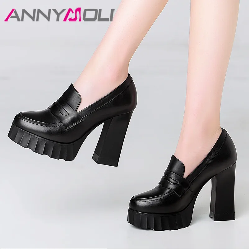 ANNYMOLI High Heels Women Shoes Natural Genuine Leather Platform Chunky High Heel Shoes Cow Leather Round Toe Pumps Ladies 34-39