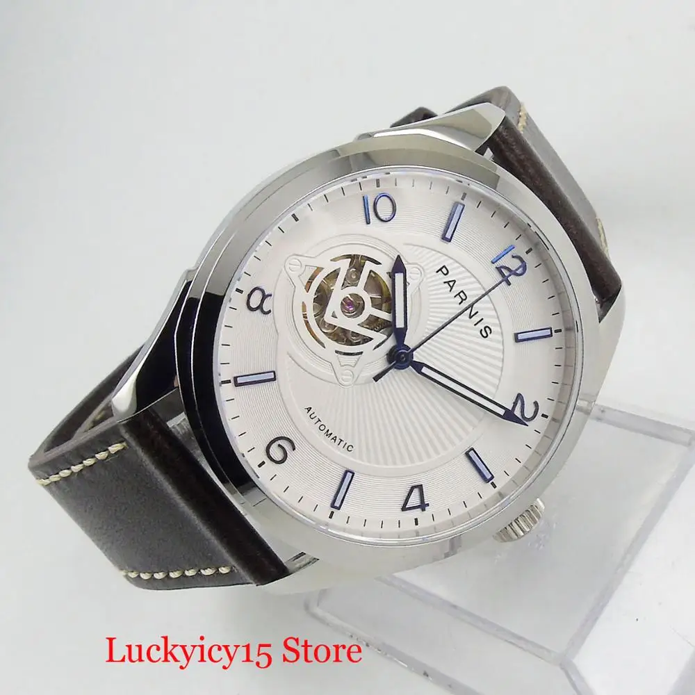 PARNIS Luxury Sapphire Glass  Men Wristwatch 42mm Case Hollow Dial White/Black Dial 24 Jewels Miyota NH38 Movement