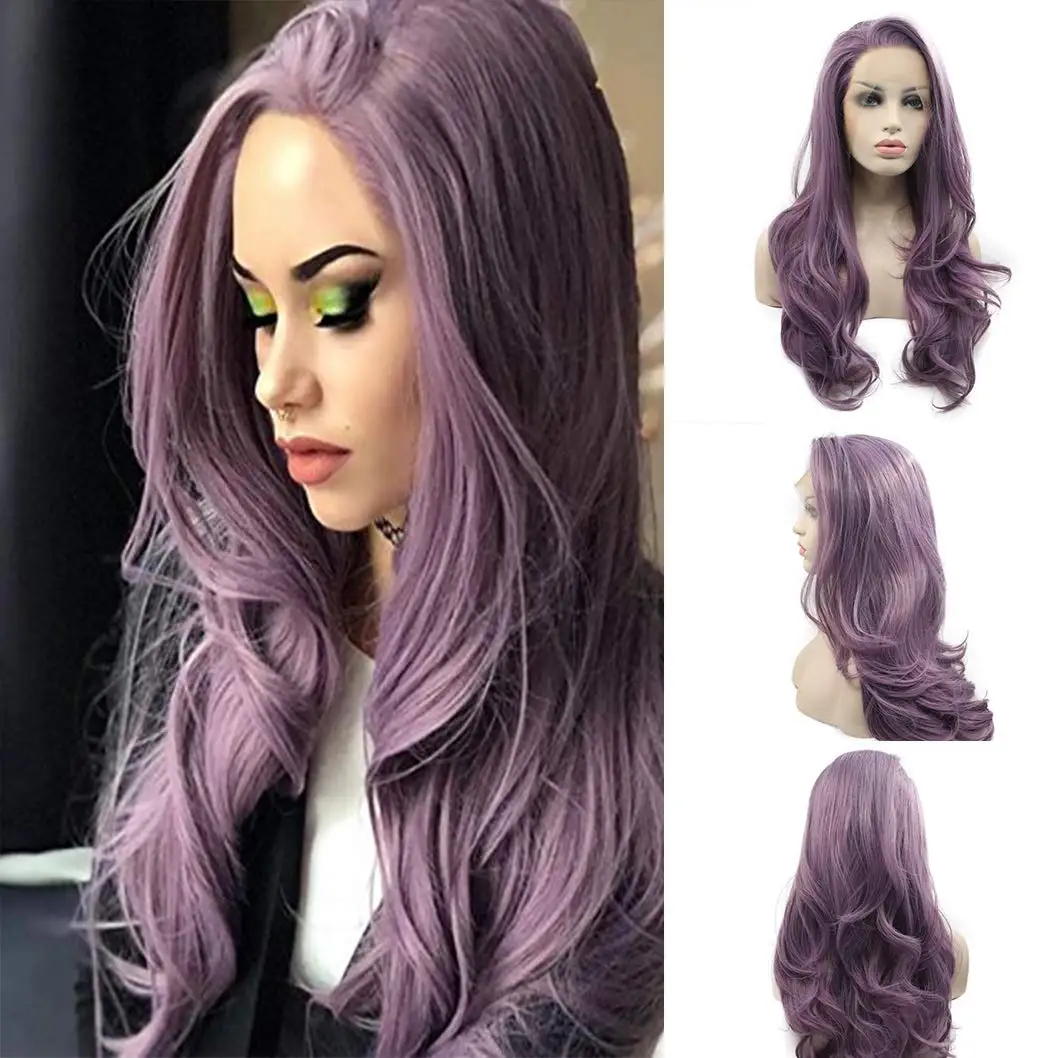 Long Straight Purple Synthetic Lace Front Wig Cosplay Frontal Glueless Wigs Curly Body Wave Lolita Highligh Hair For Black Women