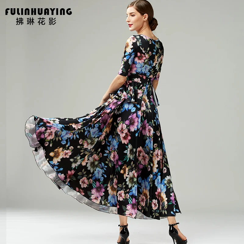 Druck Frauen Elegante Halbarm Schaukel Ballroom Dance Kleid Für Tanzen Walzer Kleid Tango Dance Kostüme Flamenco Kleid