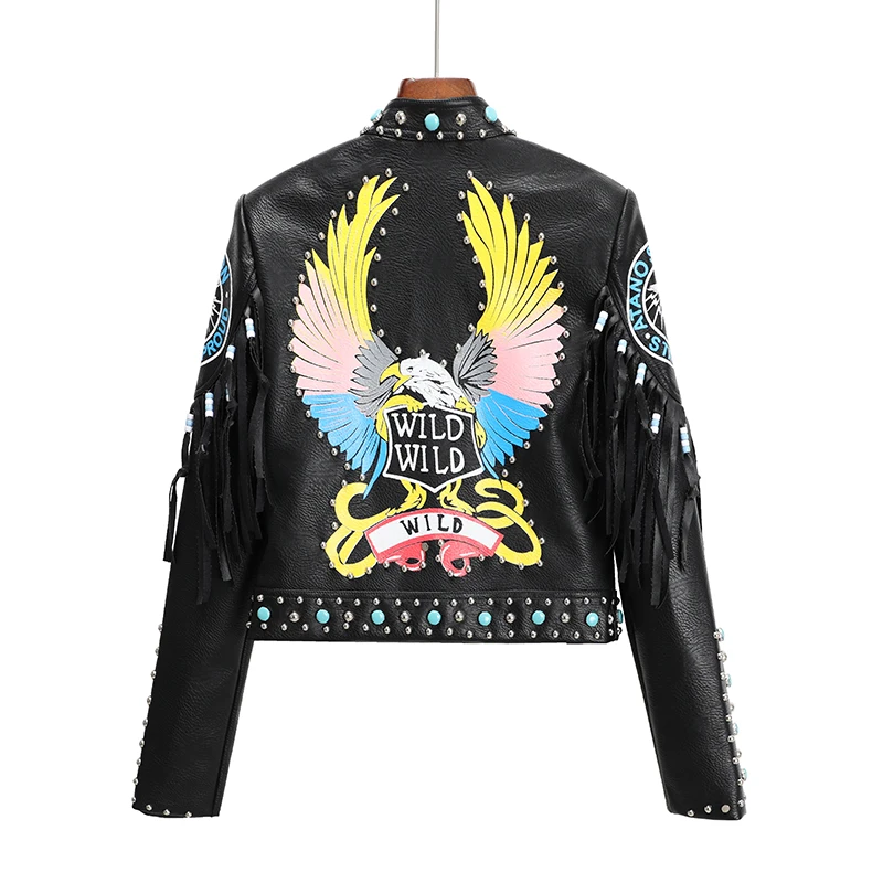 

2023 new fashion printing stand collar short moto pu leather jacket rivets beading tassels punk rock style women's leather coats