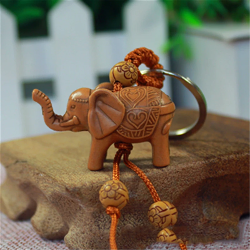 FIMAODZ Peach Wood Elephant Horse Keychain Woven Rope Vintage Animal Key Chain Holder for Men Women Gift Decoration