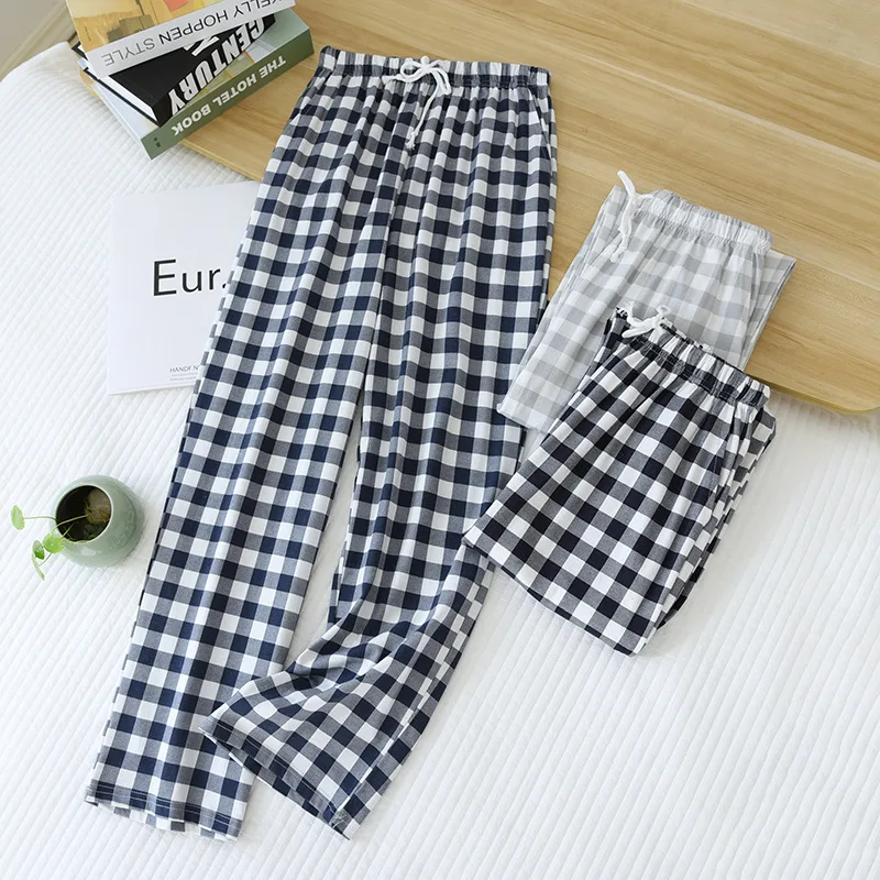 Men and Women Japanese Simple Plaid Sleep Bottoms Spring/Autumn Knitted Cotton Casual Trousers Thin Loose Couple Home Pants 2021