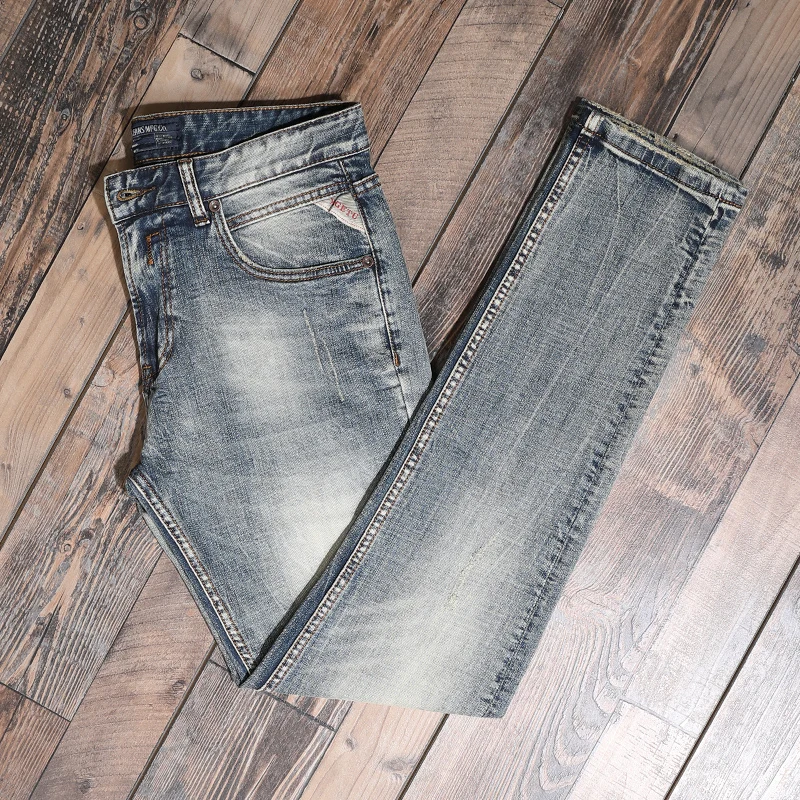 Vintage Jeans Men Streetwear Casual Slim Fit Straight Pants Retro Blue Cotton Denim Trousers