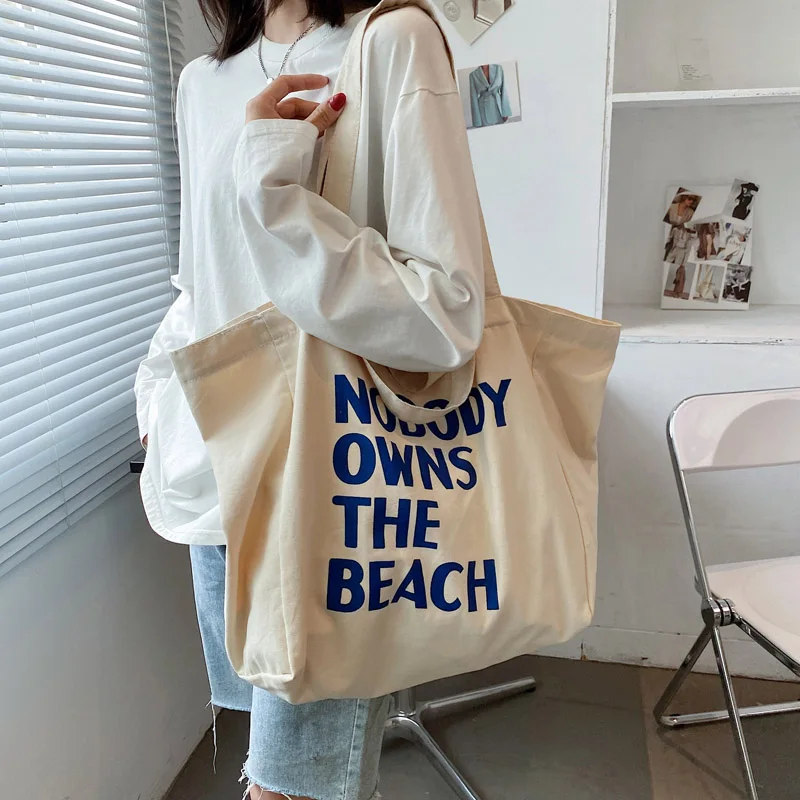 Women\'s Canvas Handbag Simple Designer Shoulder Bag Lazy Style Female Letter Print Large Capacity Shopper Canvas Tote Bag 2022