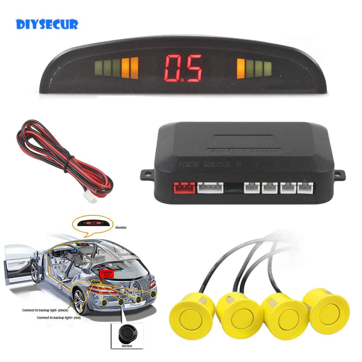 DIYSECUR Car Parking Radar Sensors Backup Radar System with LED Backlight Display + 4 Sensors