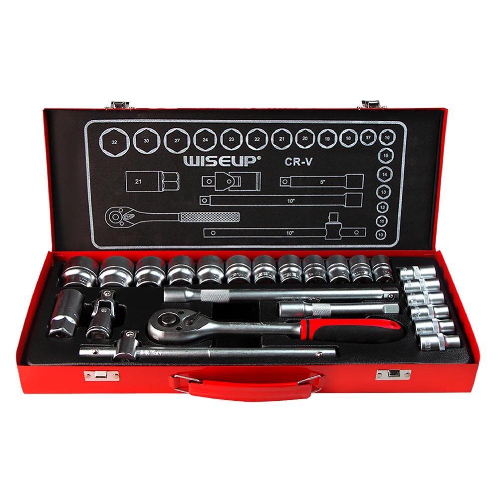 WISEUP-Juego de Herramientas Crv de 24 piezas, Kit de reparación Manual de automóviles, Kit de llave de tubo, caja de herramientas mecánicas, llave de trinquete, Kit de caja de herramientas multifunción
