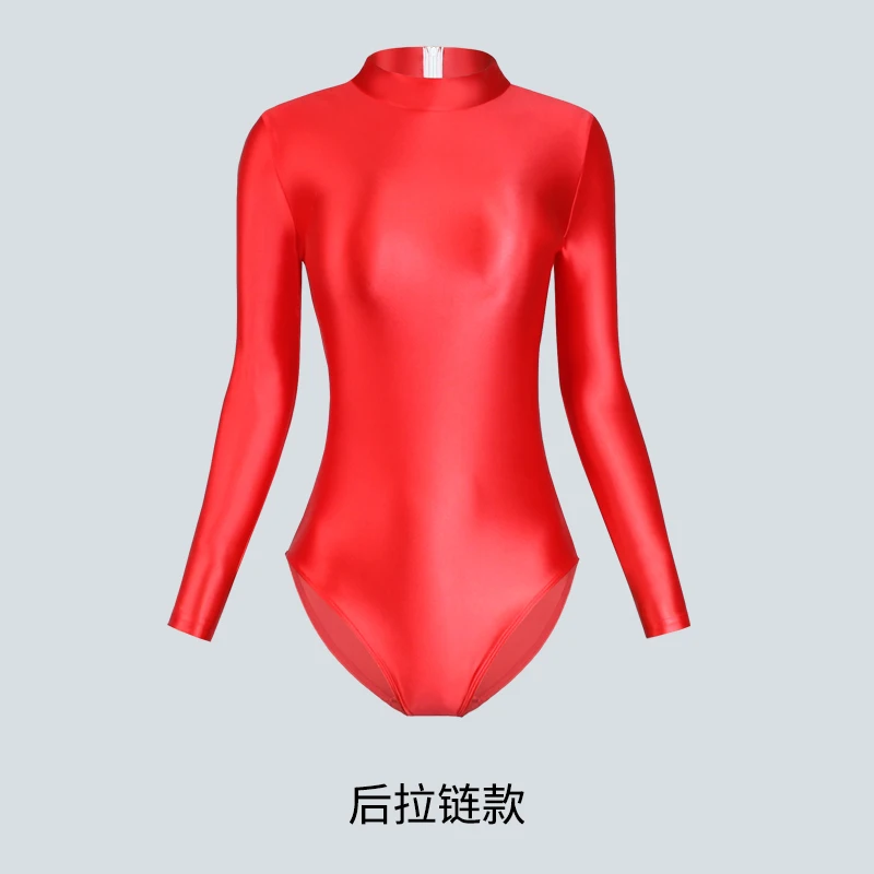 XCKNY satin glossy One piece tights Oily swimsuit women sexy tight glossy high fork long sleeve swimsuit solid color T-shirt