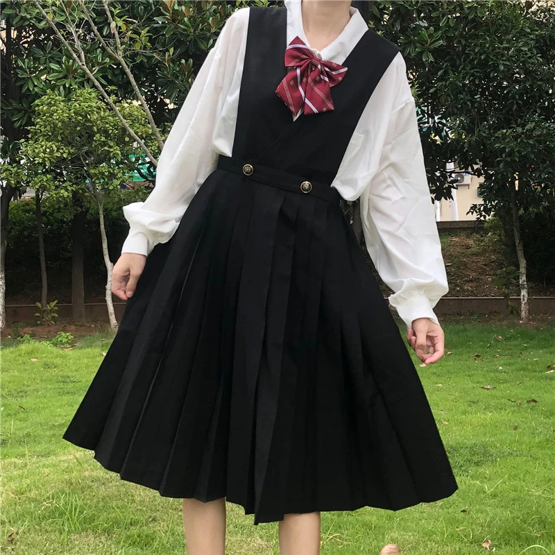 Japanese College-Style Vest Dress Mid-Length Black JK Uniform Suspender Skirt Pleated  kawaii clothing sweet lolita dress