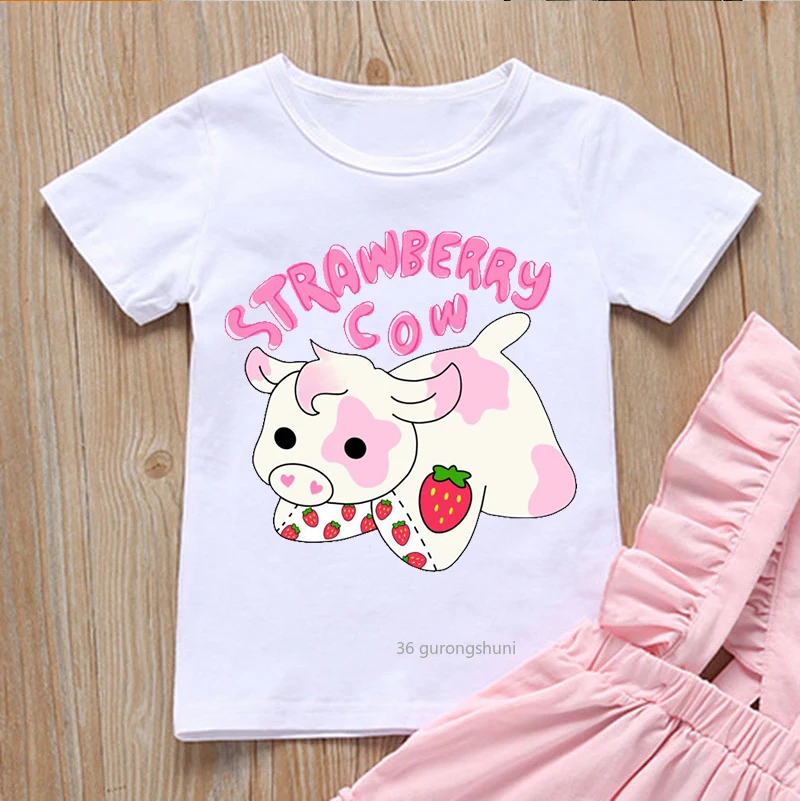 Strawberry Cow Cartoon Print Funny Kids Clothes  T-shirt for Girls/boys Harajuku T Shirt Camisetas T Shirt Tops Arrival 2021