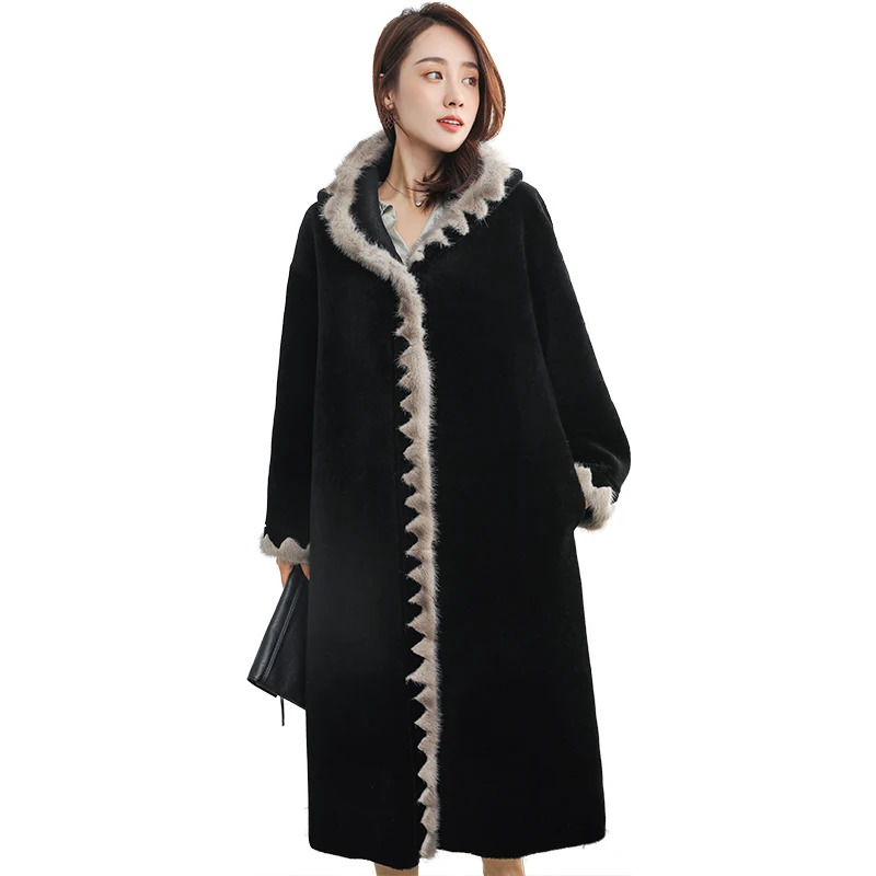 Fur Women's Coat Natural Mink Fur Trim Sheep Shearing Jacket Women 2020 Long Real Wool Coats Winter Jackets Hood ZZH1830 s s