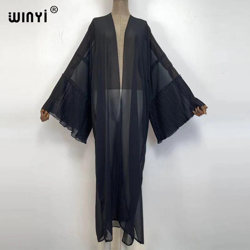 WINYI 2022 summer Sexy Sea Through gilding Long Kimono stitch Beachwear loose Cardigan Women beach cover up Dress for kaftan